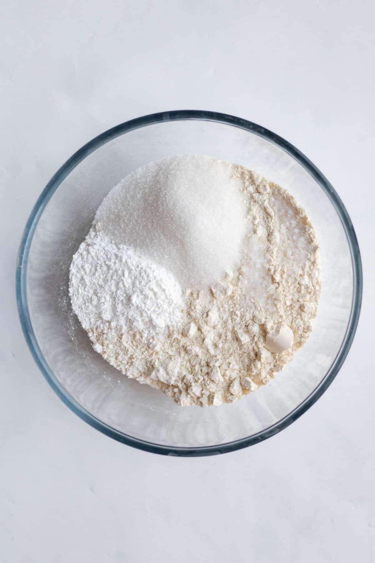 sugar, salt, flour, and baking powder in a mixing bowl