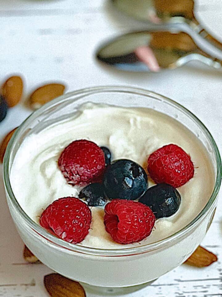 homemade greek yogurt in a cup with fresh berries