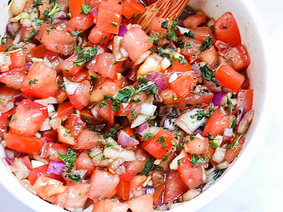 balsamic bruschetta in a white bowl