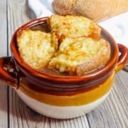french onion soup in a crock