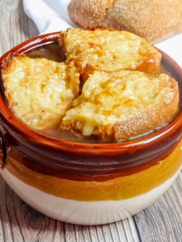 french onion soup in a crock