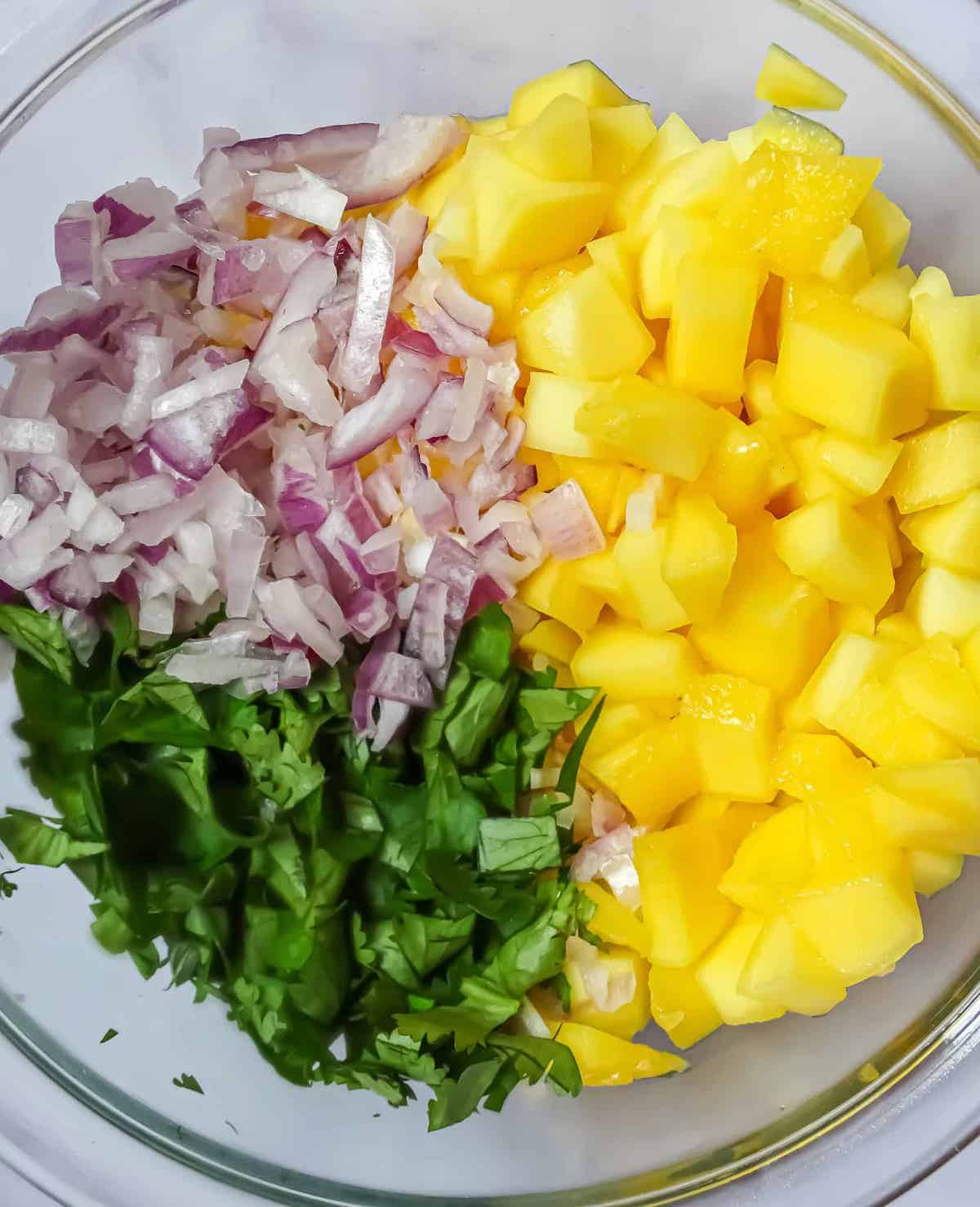 mango, red onion, and cilantro in a clear bowl