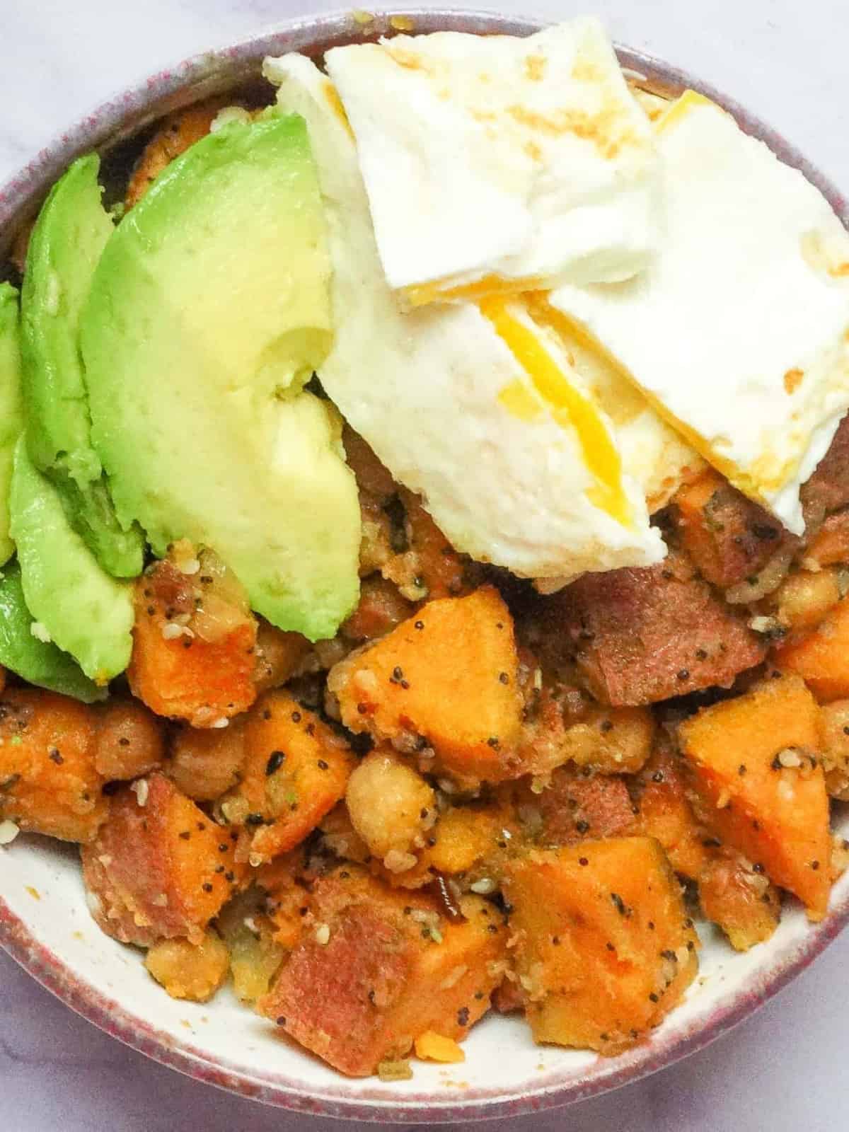 sweet potatoes, eggs and avocado bowl