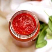 homemade tomato sauce with canned tomatoes in a mason jar