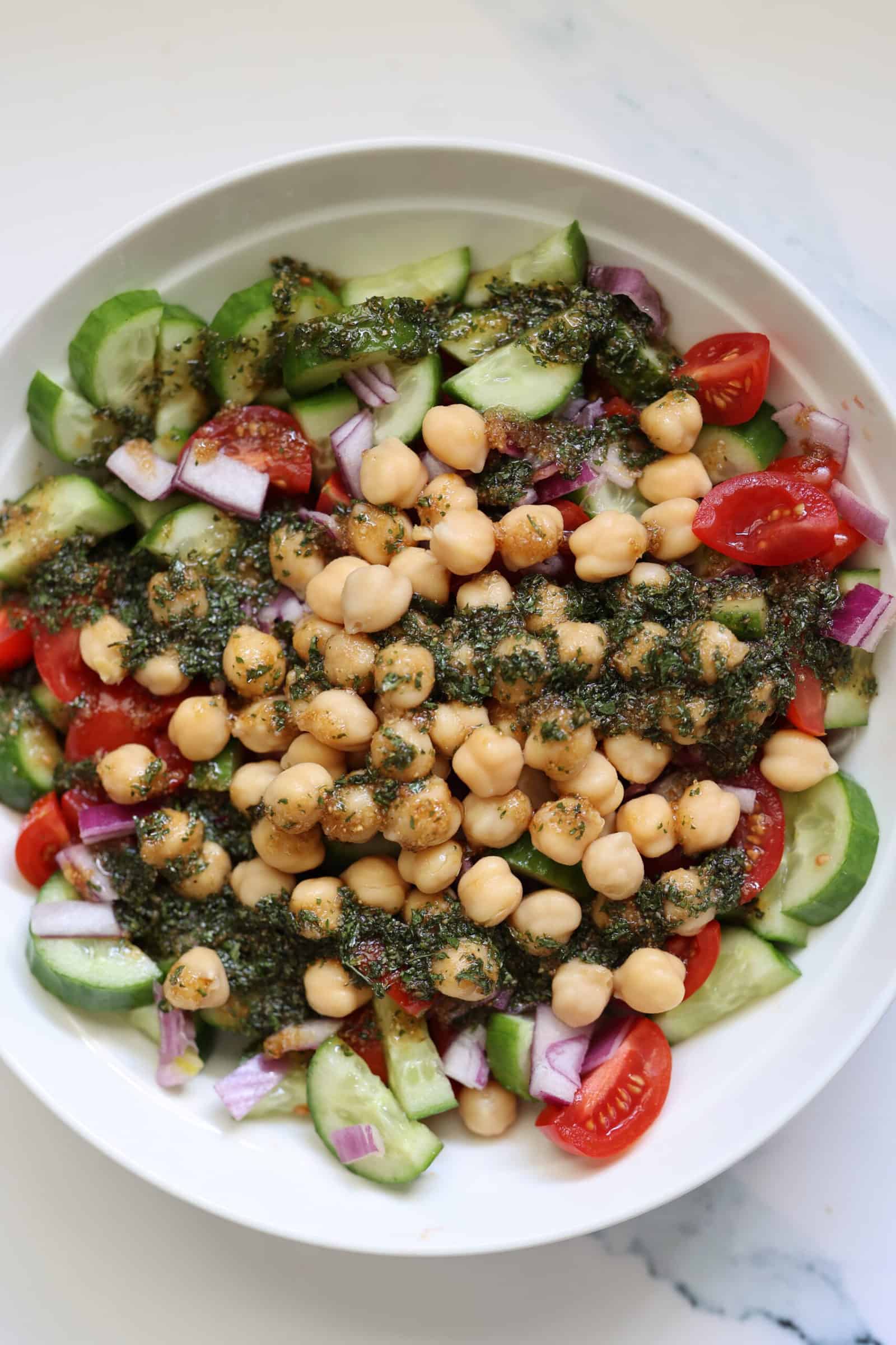 tomatoes, cucumber, chickpeas, red onions tossed with dressing