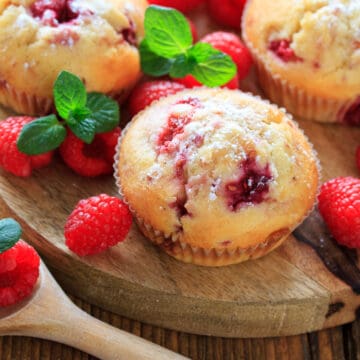 dairy-free raspberry muffin on a serving tray