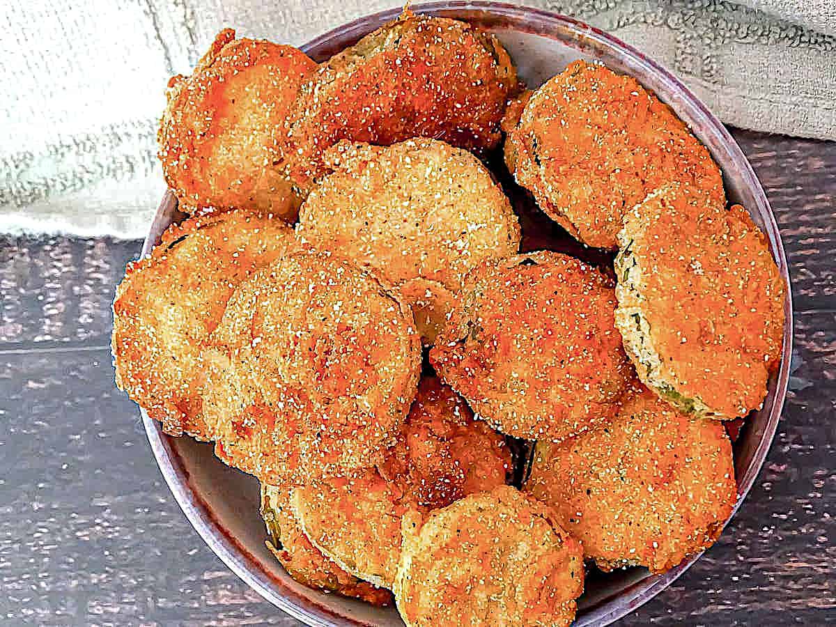 fried pickles in a serving bowl