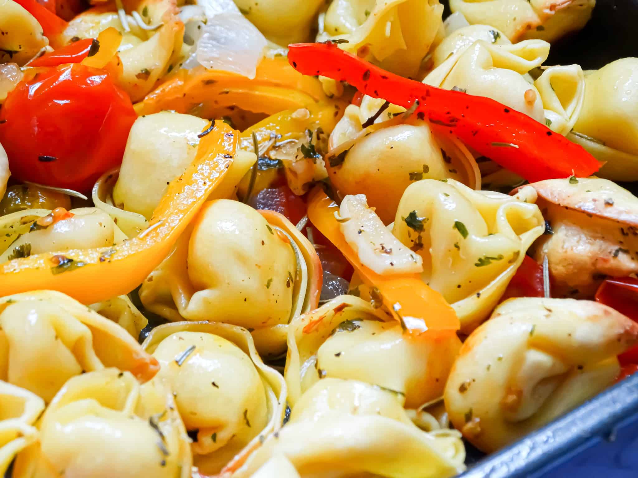 roasted vegetable sheet pan tortellini recipe