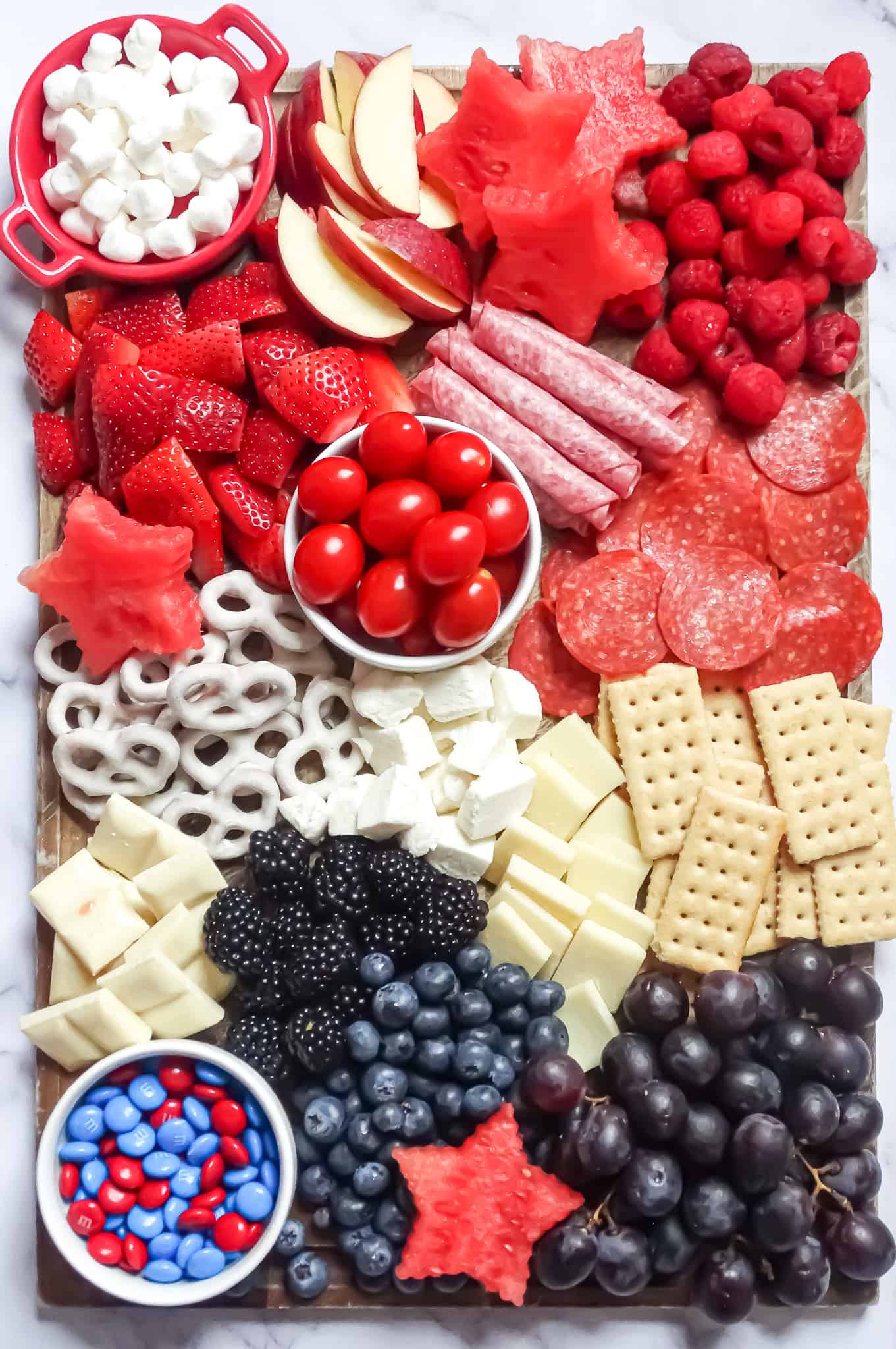 kids charcuterie board: red, white, and blue snack platter