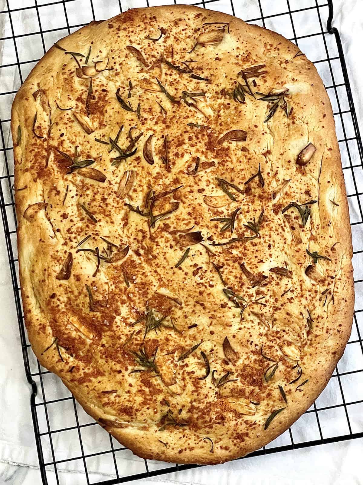 bread machine focaccia on a cooling rack