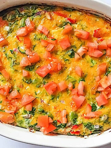 oven baked garden veggie omelette in a casserole dish