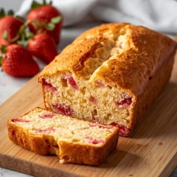 strawberry lemonade bread sliced on a cutting board