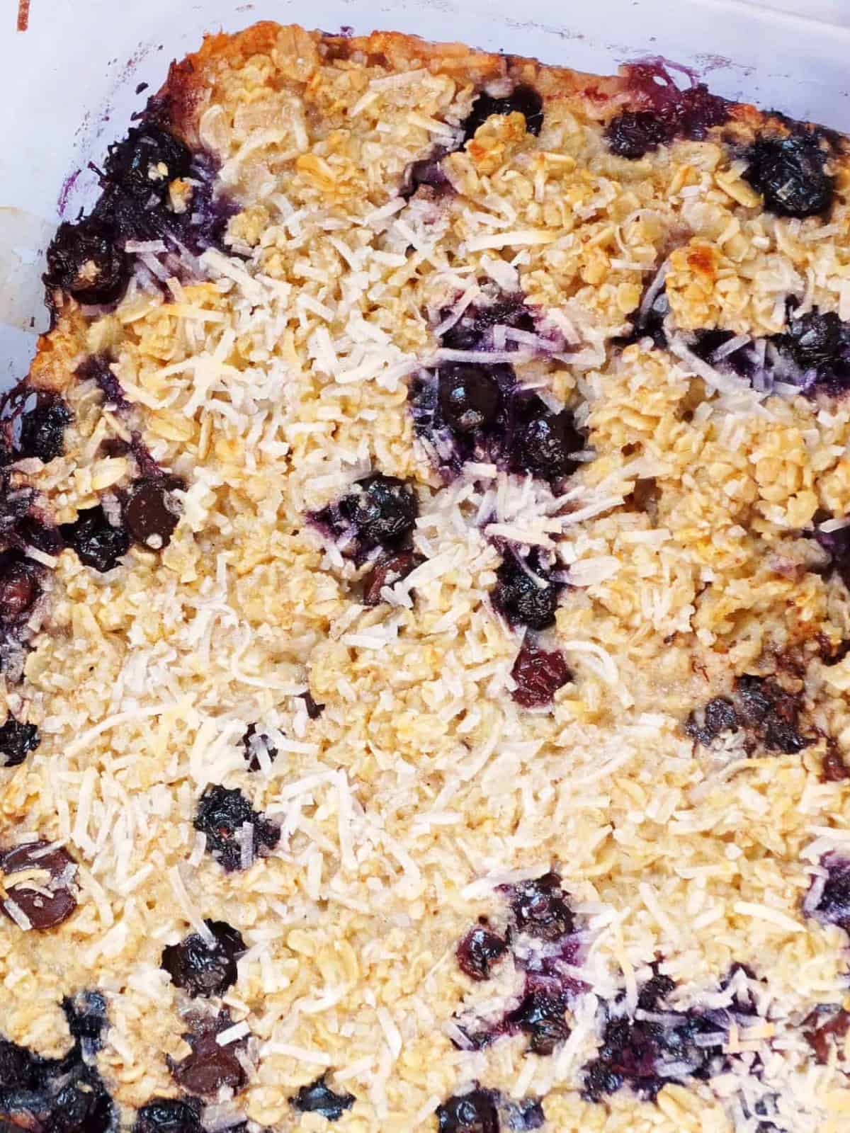 close up of blueberry baked oatmeal in a baking dish