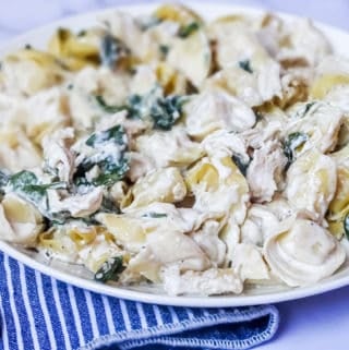 chicken alfredo pasta casserole with tortellini and spinach in a white plate