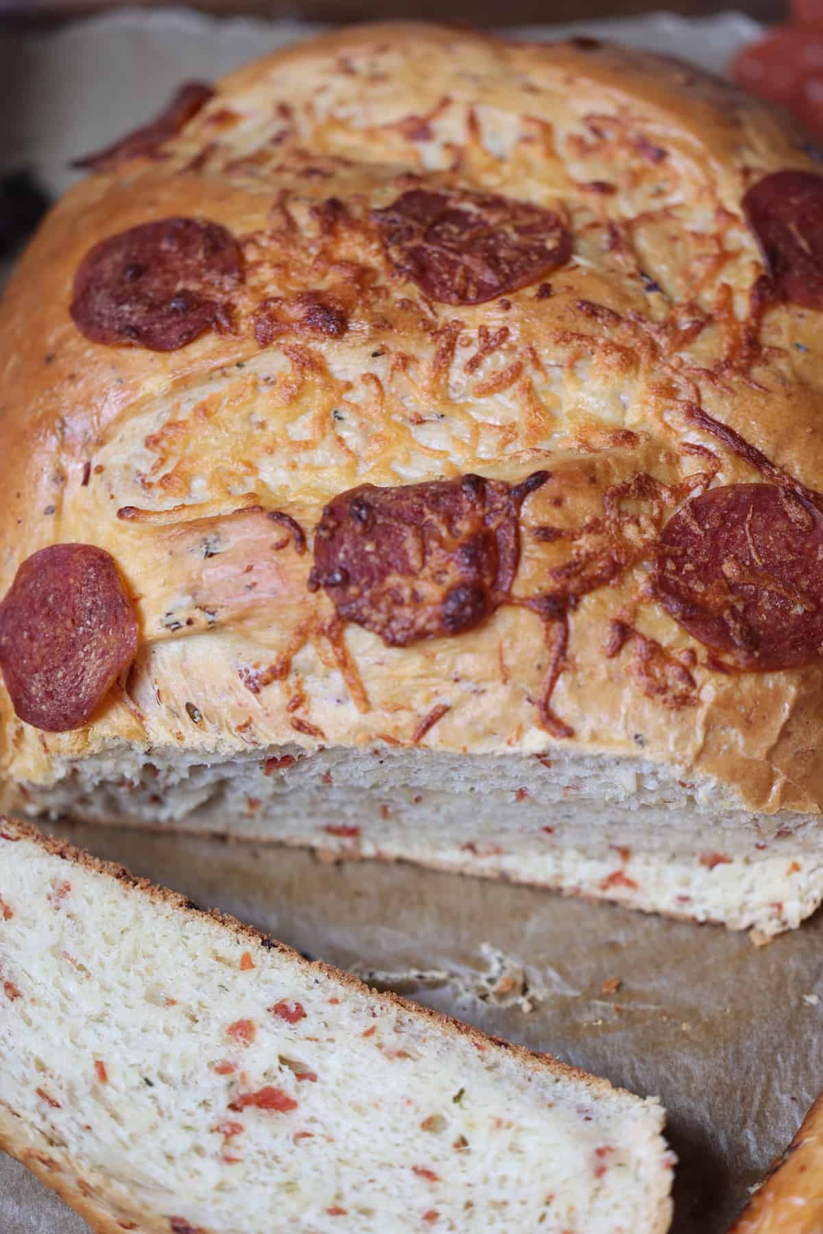 close up of pepperoni pizza bread 