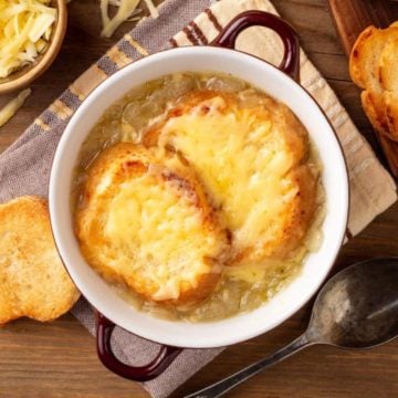traditional French onion soup in a crock
