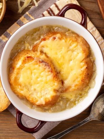 traditional French onion soup in a crock