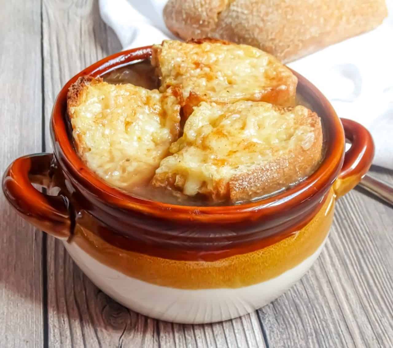 traditional French onion soup in a crock