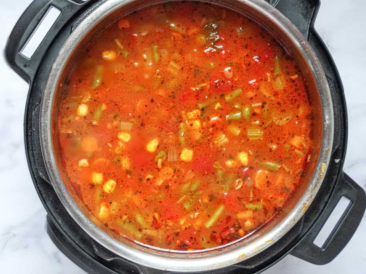 completed vegetable soup in an instant pot