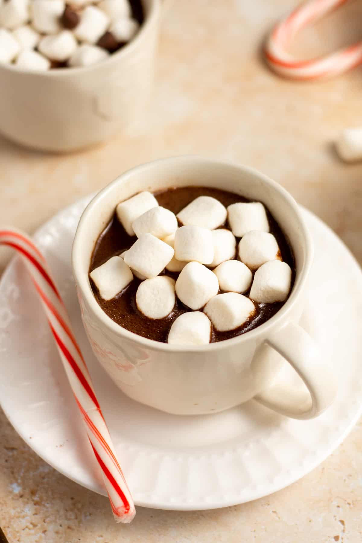 slow cooker hot chocolate in a cup with marshmallows