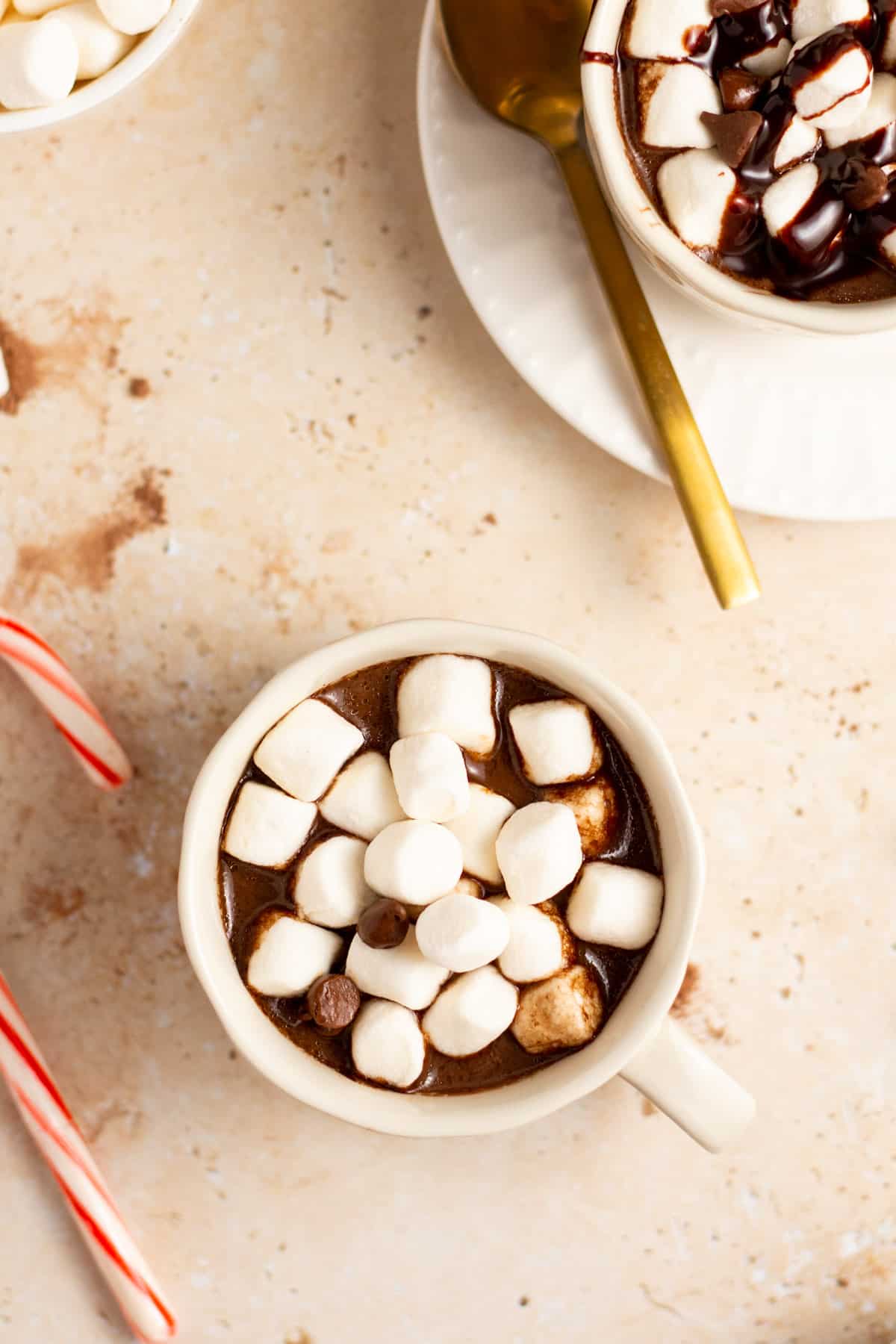 instant pot hot chocolate in a mug topped with marshmallows and surrounded by candy canes