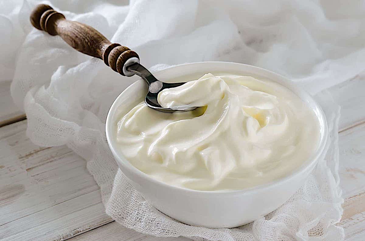 homemade Greek yogurt in a cup on a white background