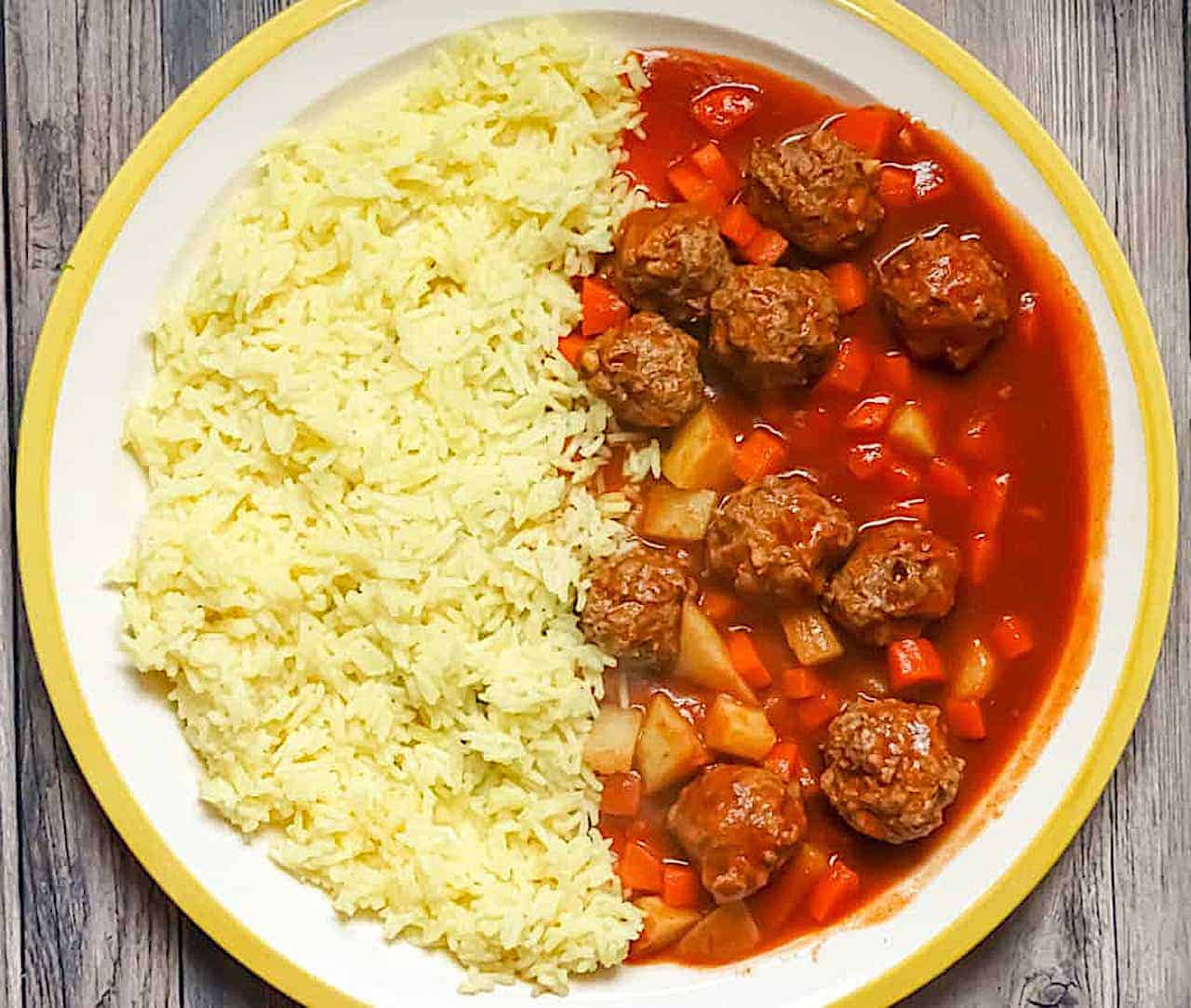 Syrian Kebab Hindi with lamb meatballs, potatoes, carrots, and basmati rice