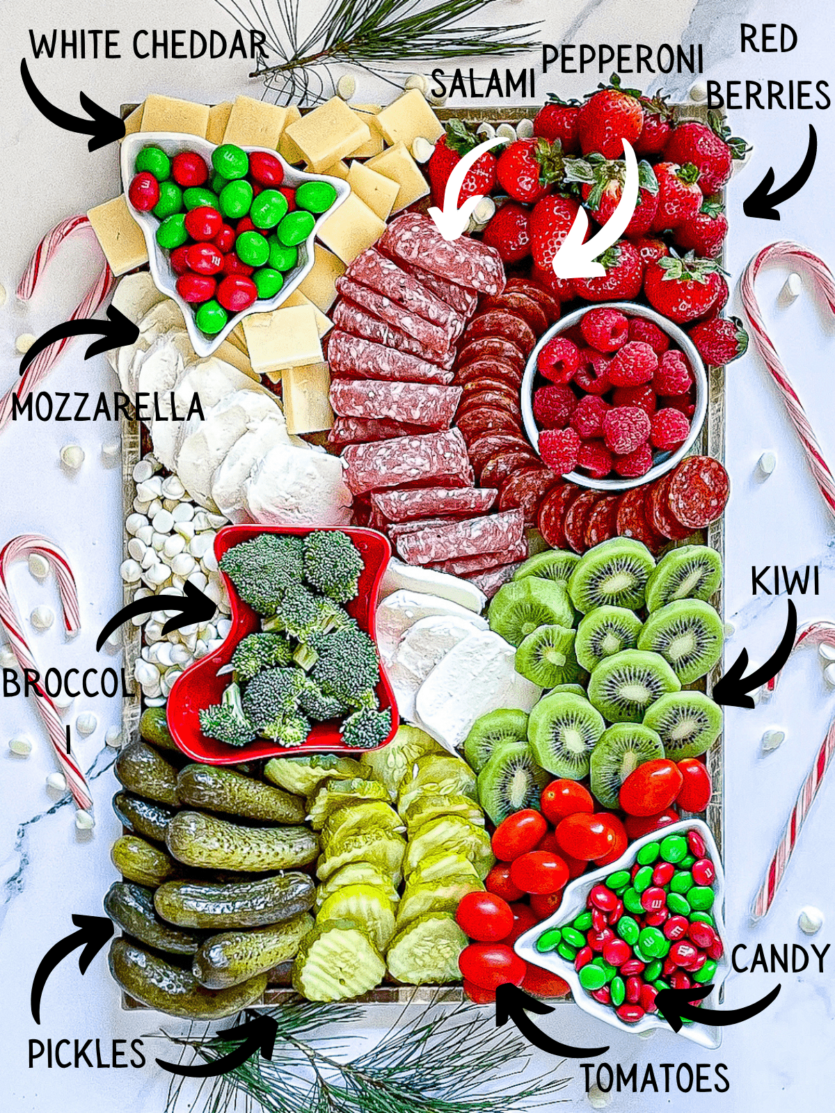Christmas charcuterie board ingredients, labeled on a white background