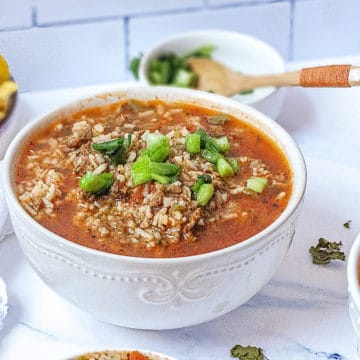 close up of instant pot stuffed pepper soup in a white bowl and topped with scallions