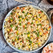Instant Pot fried rice in a plate with shrimp