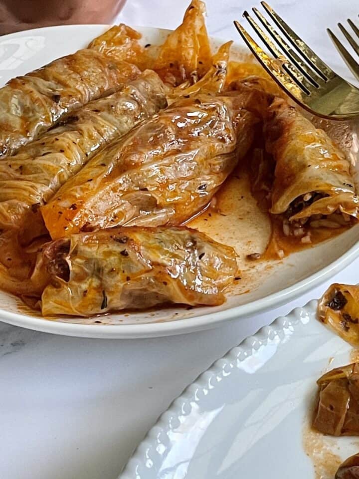 close up of sliced stuffed cabbage rolls