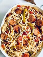 instant pot kielbasa pasta in a serving dish