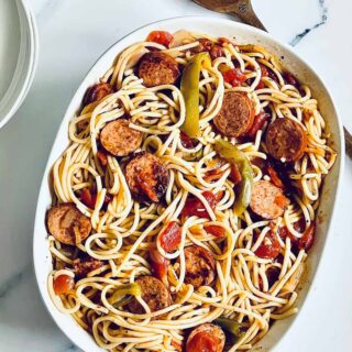 instant pot kielbasa pasta in a serving dish