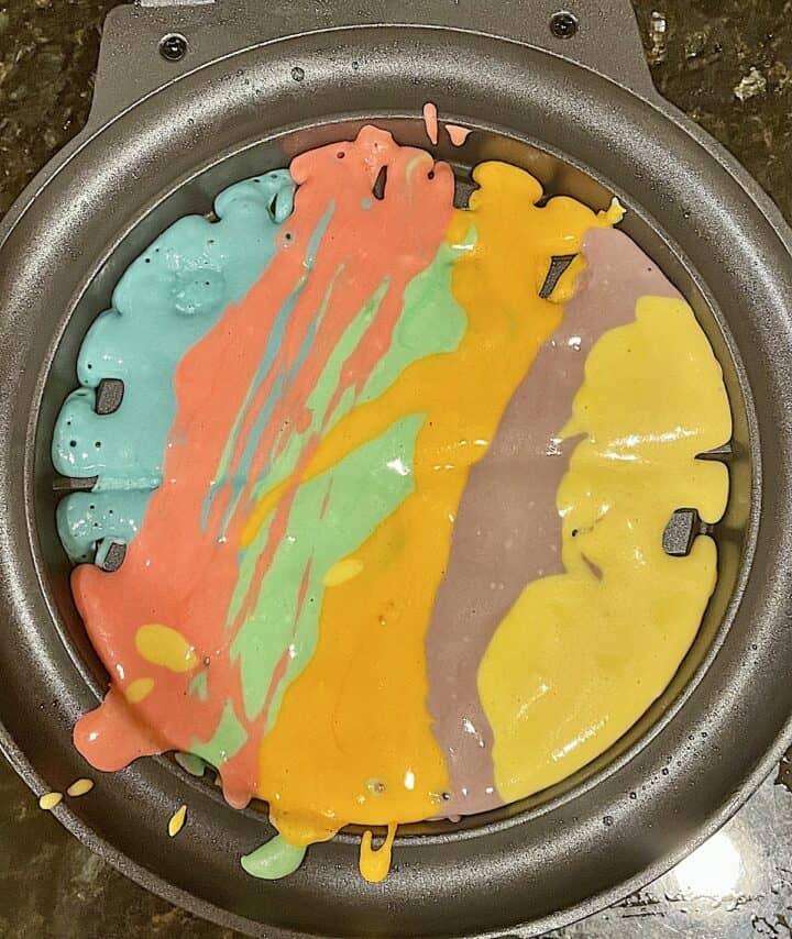 rainbow batter in a waffle maker