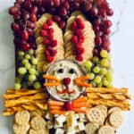 Easter bunny platter with fruits, veggies, cheese, and crackers