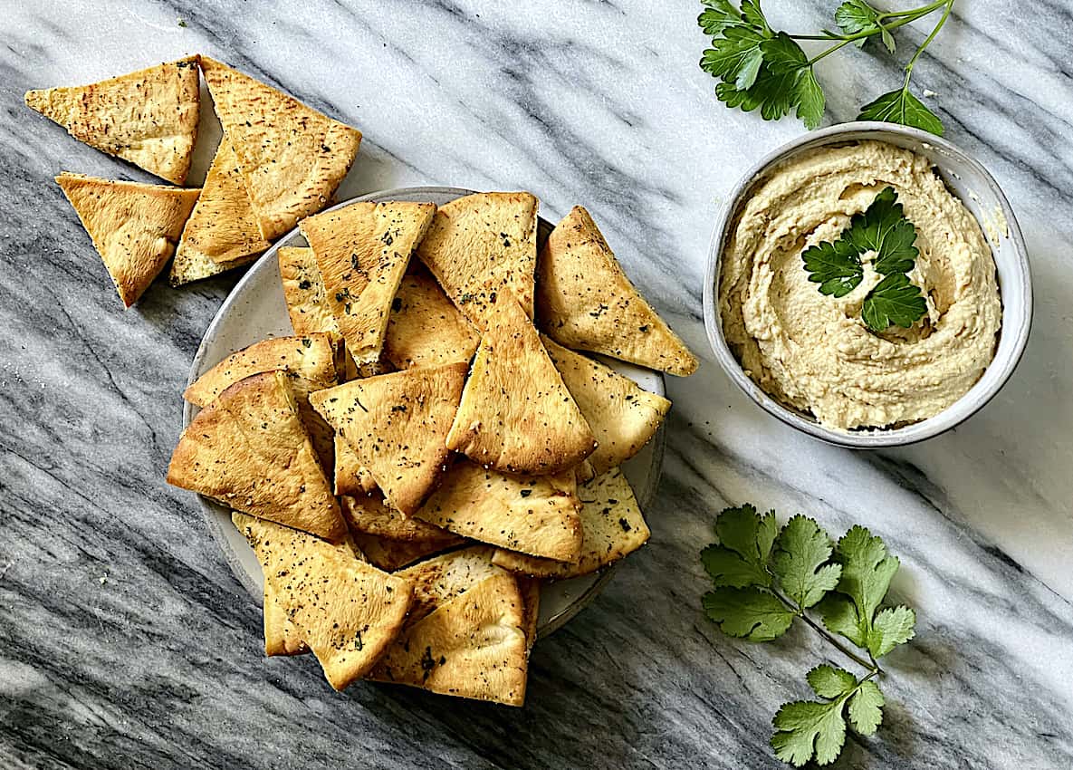 air fryer pita chips served with hummus