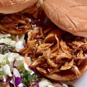 instant pot barbecue chicken on a bun with coleslaw