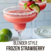 blended strawberry frozen margarita in a cocktail glass