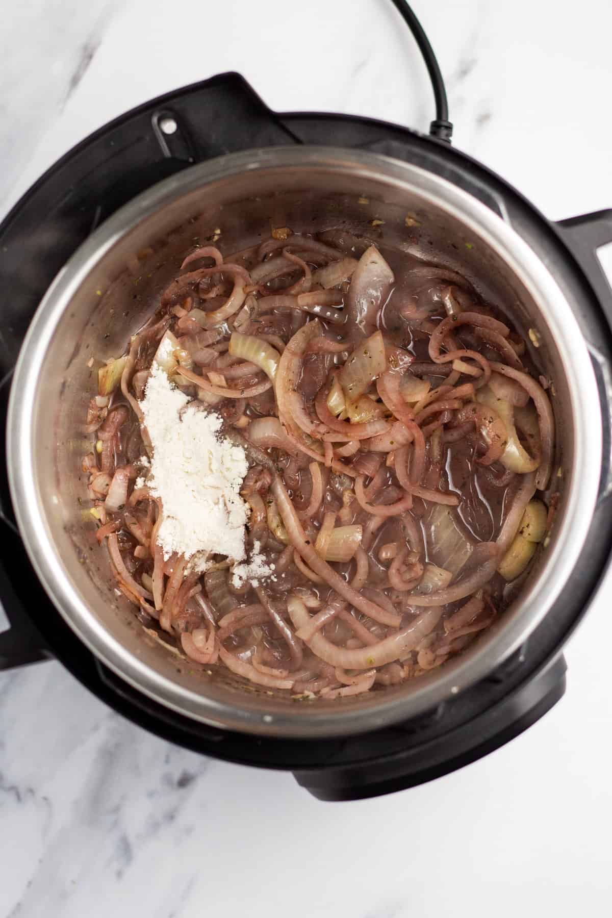 onions, broth, red wine and flour in an instant pot