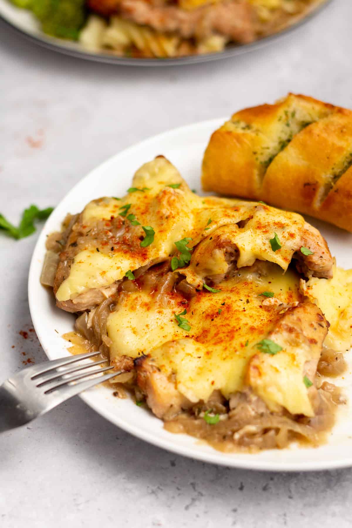 instant pot french onion chicken sliced on a plate
