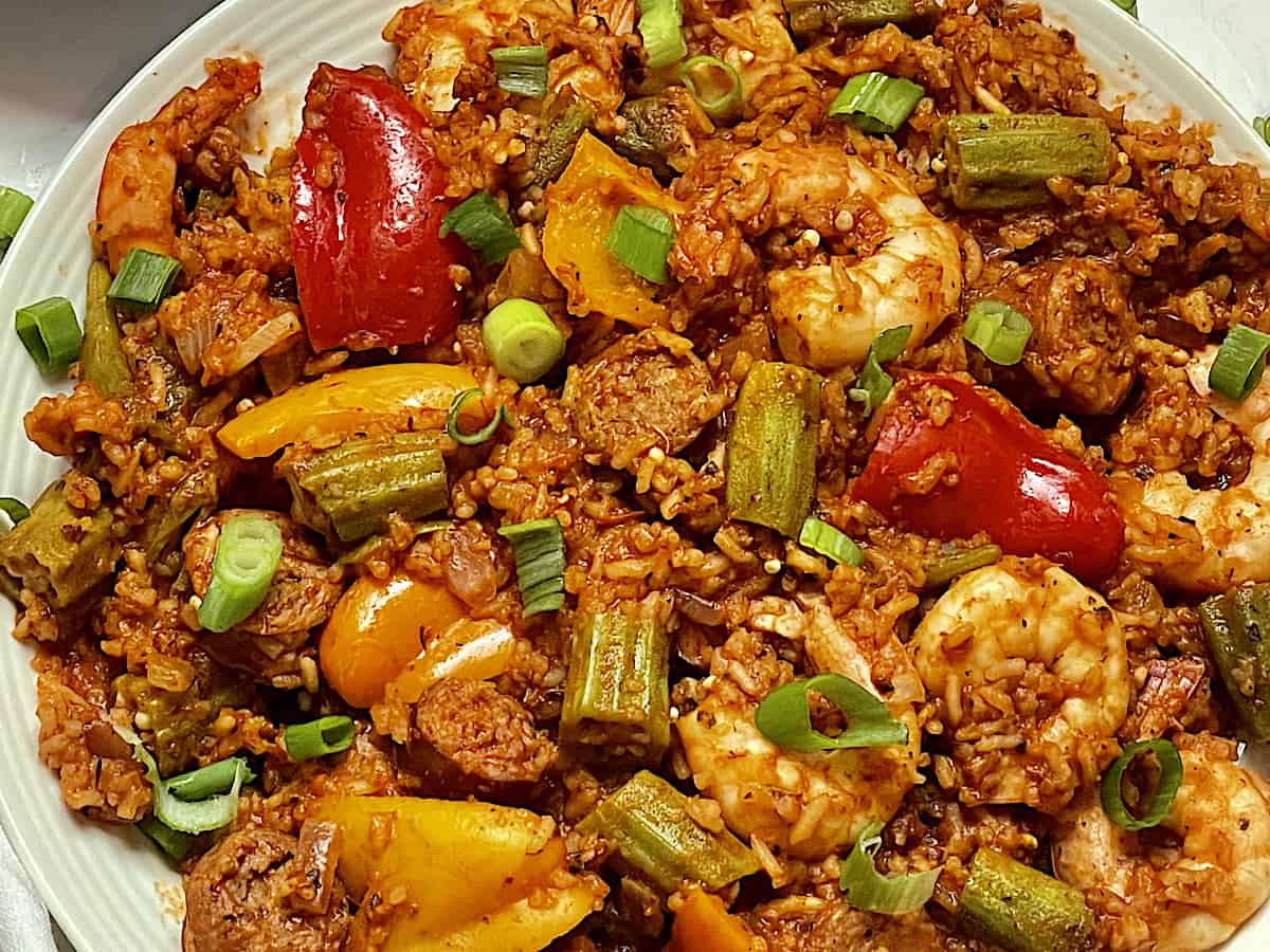 close up of instant pot jambalaya in a white plate