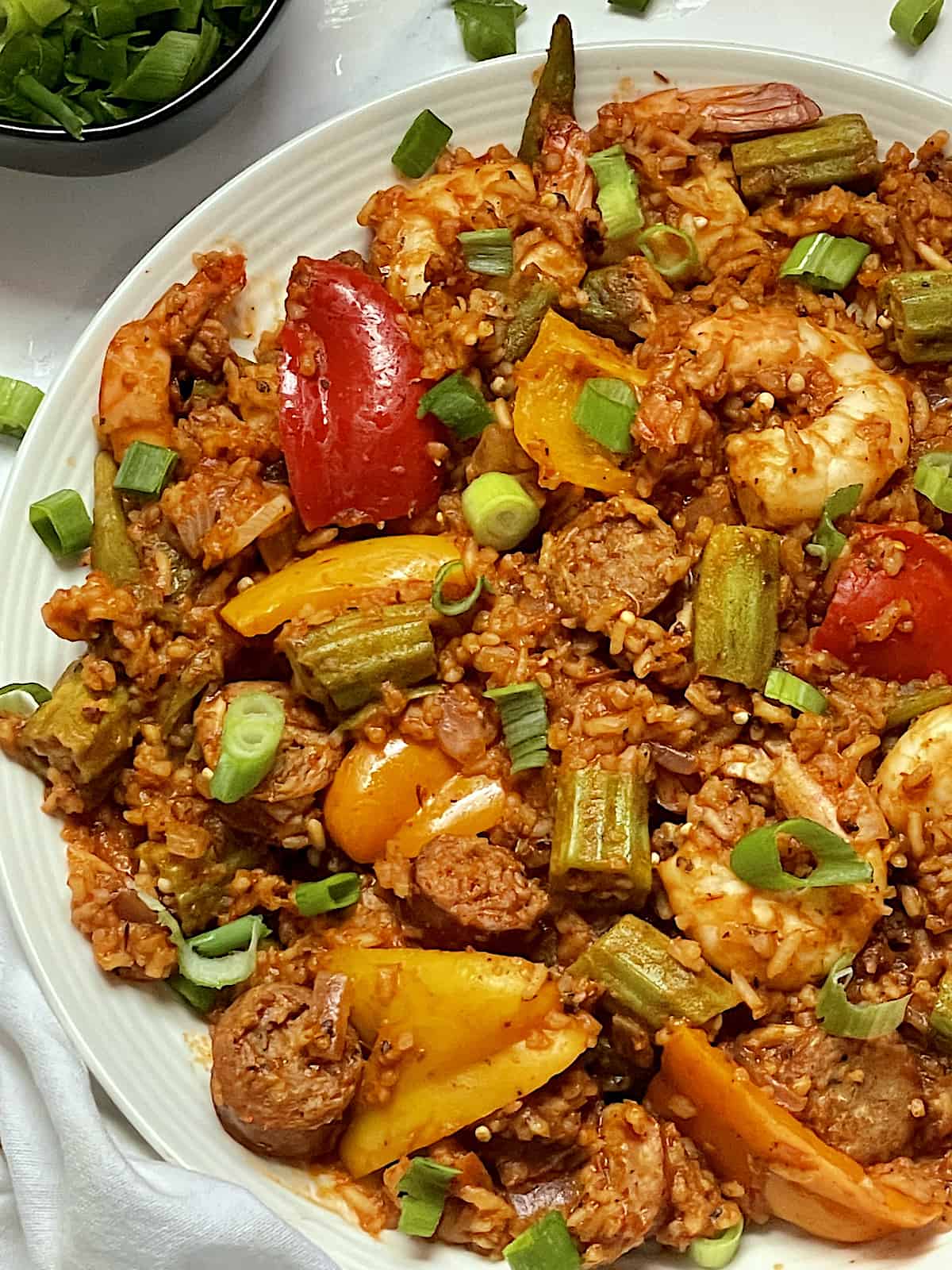 close up of sausage and shrimp jambalaya