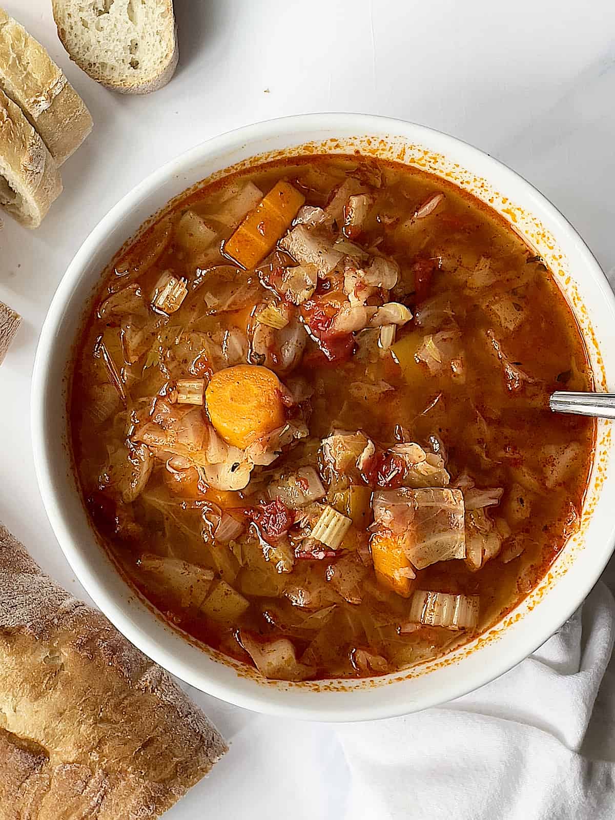 instant pot cabbage soup in a white bowl