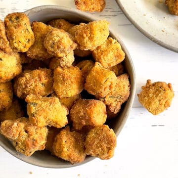 air fried breaded okra in a white bowl