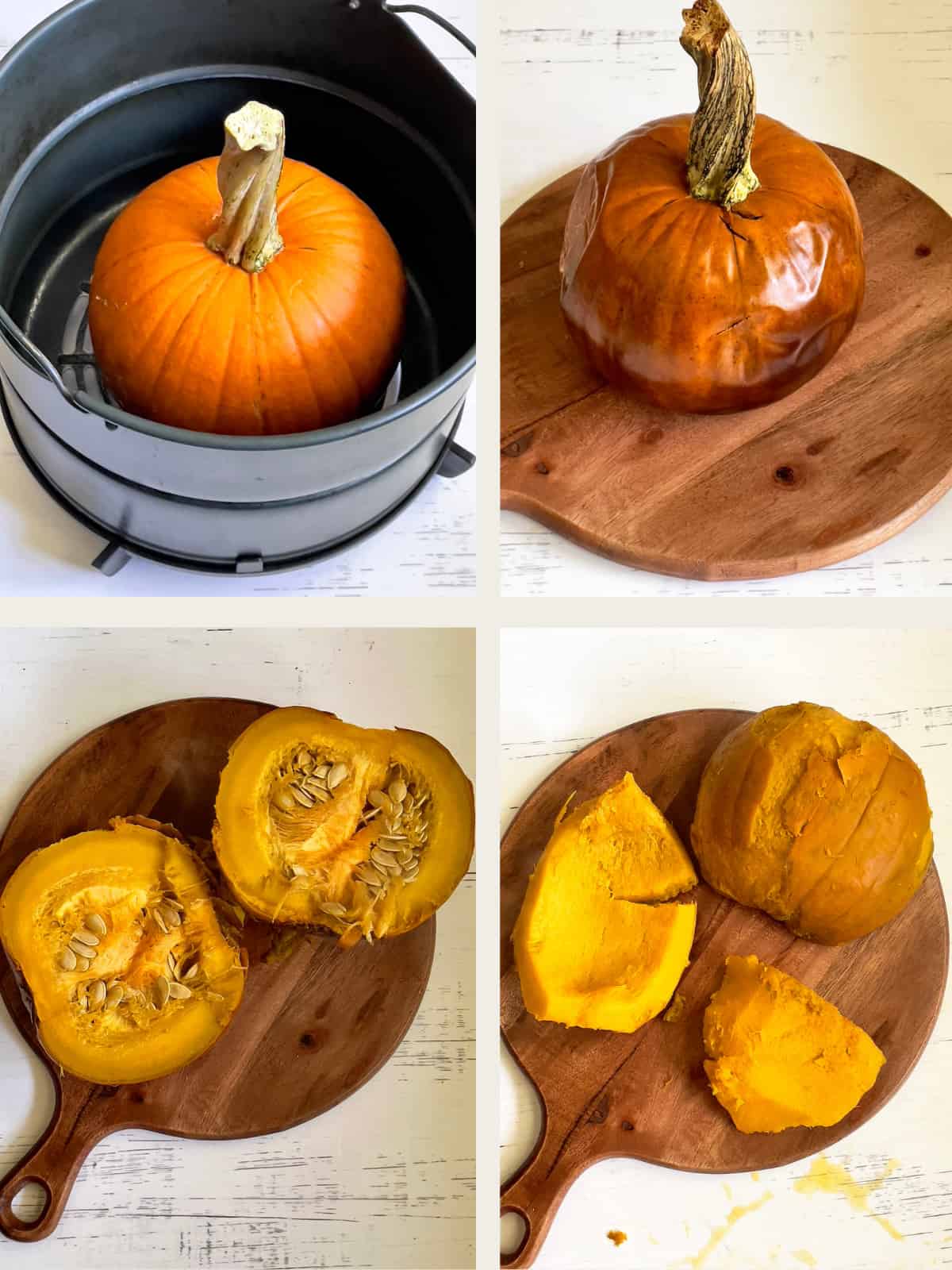 steps to air frying, pulping, and slicing a whole pumpkin