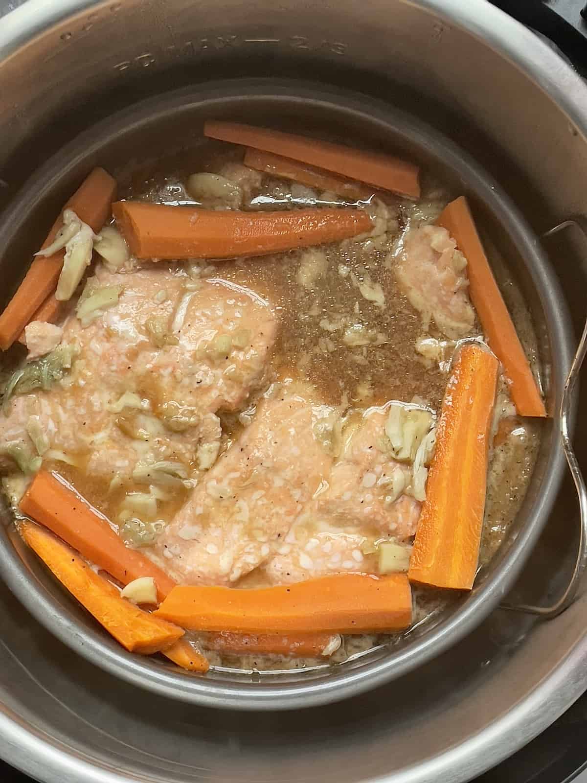 salmon, carrots in a maple glaze cooked in the pressure cooker