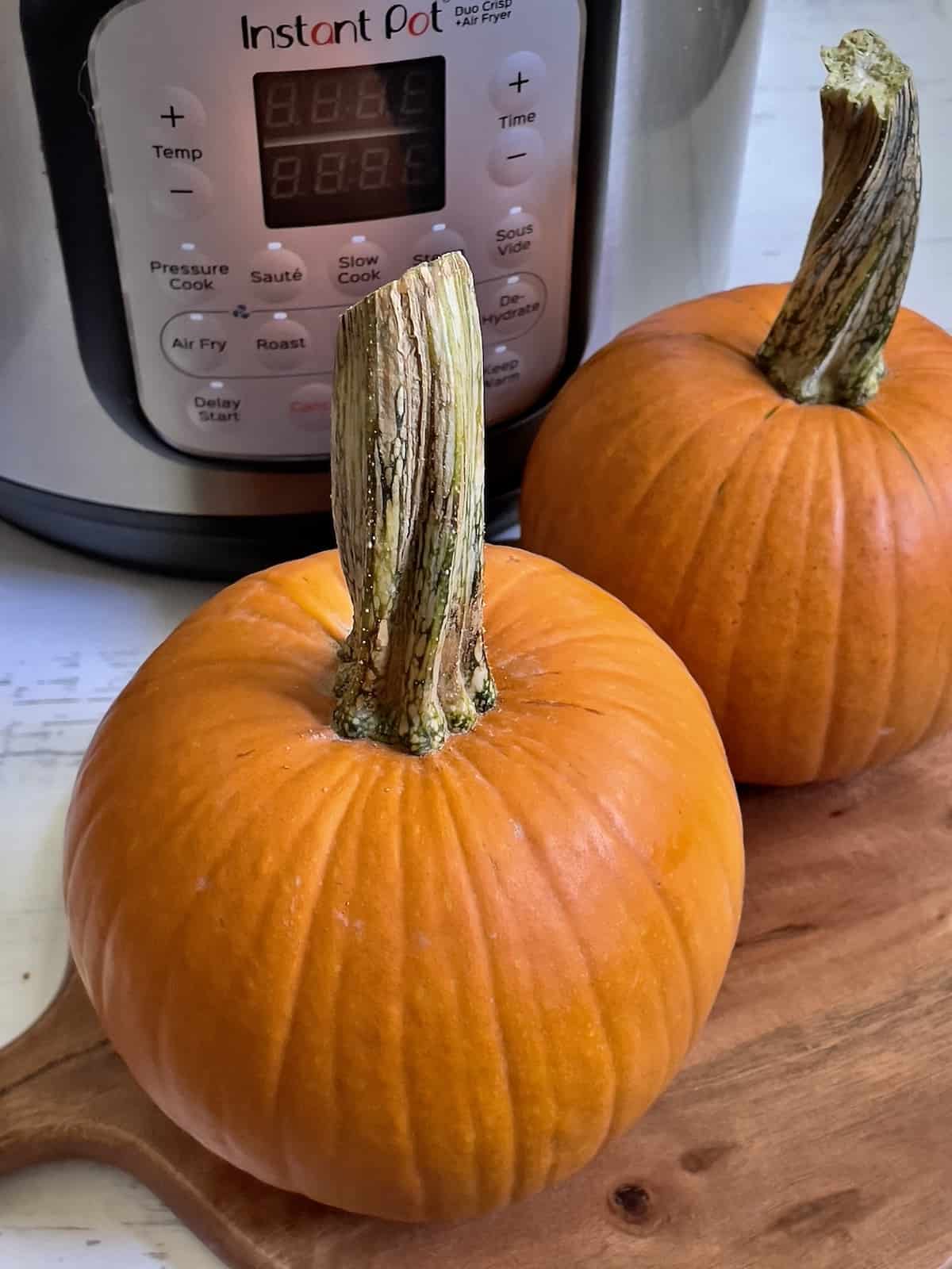two pumpkins in front of an Instant Pot