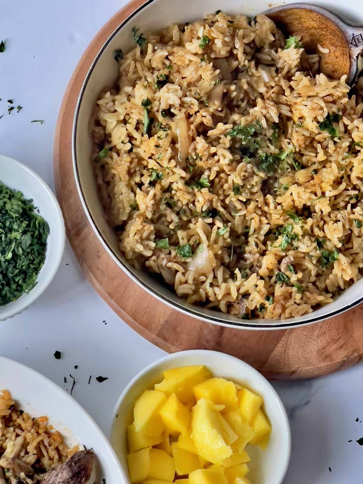Caribbean rice with cilantro in a white bowl