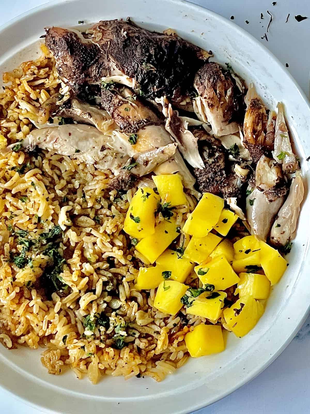 jerk chicken over rice with diced mango in a white plate