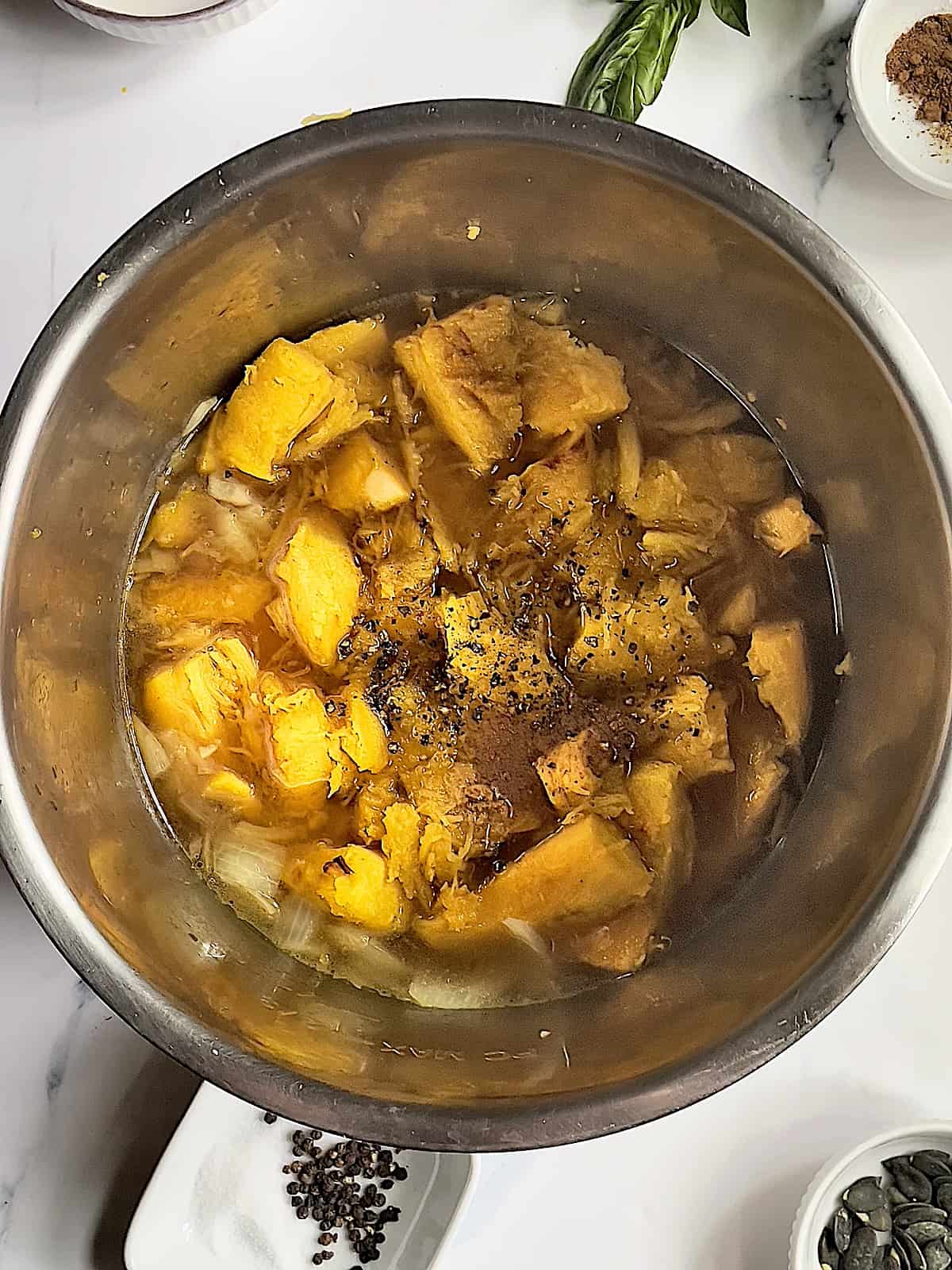 pumpkin, spices, and broth in the instant pot